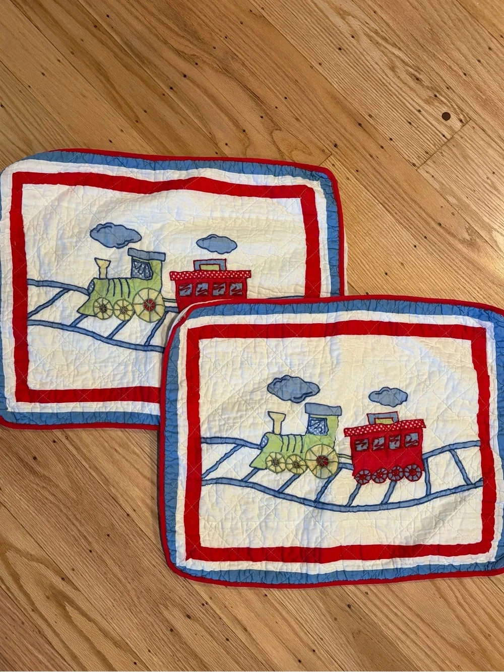 Train Appliqué Twin Quilt Bedding Set Shams Bed Skirt Valance Blue 100% Cotton